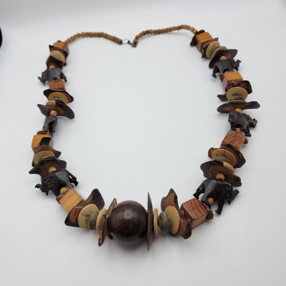 Vintage Artisan Carved Elephant Wooden Beaded Necklace 24" Ethnic Boho Safari
